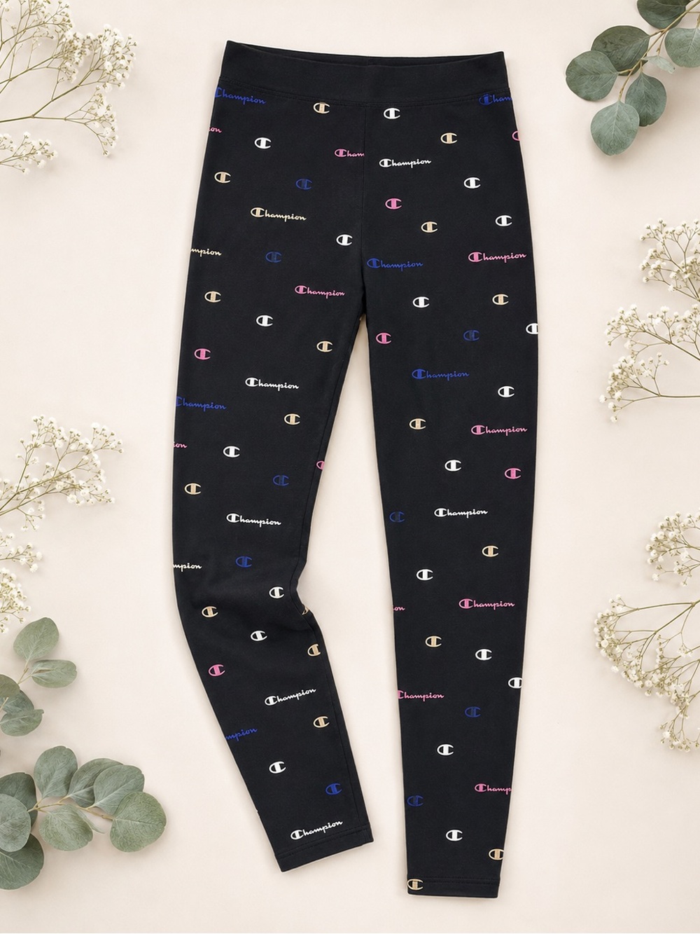 Champion Black Logo-Print Kids' Leggings with Multicolor Logos